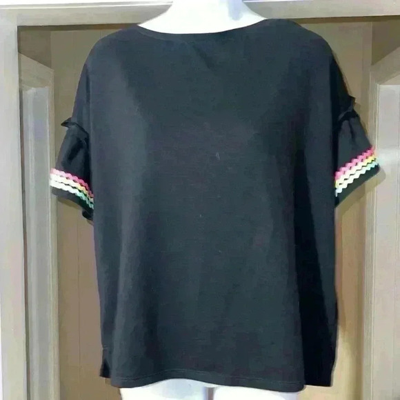 Crown & Ivy Black RicRac Short Sleeve Poly Blend Boat Neck Top - Picture 1 of 4